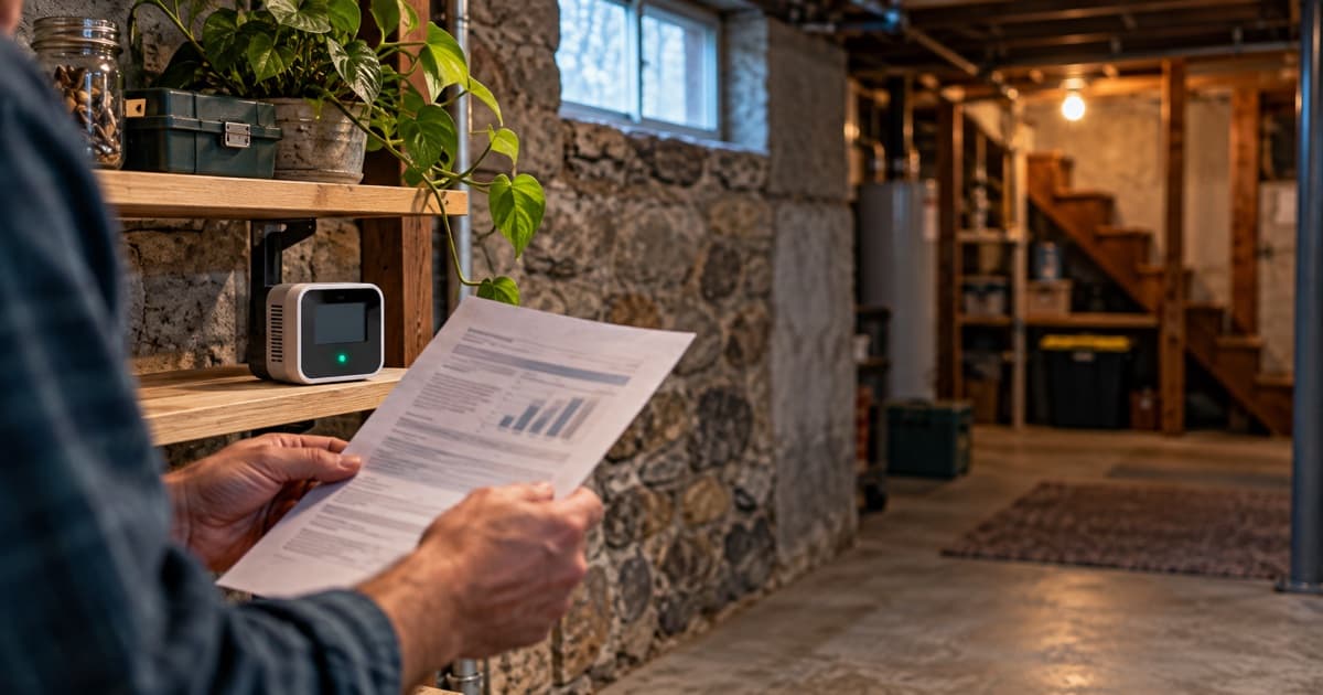 A homeowner reviews a radon report beside a monitor in a Twin Tiers basement
