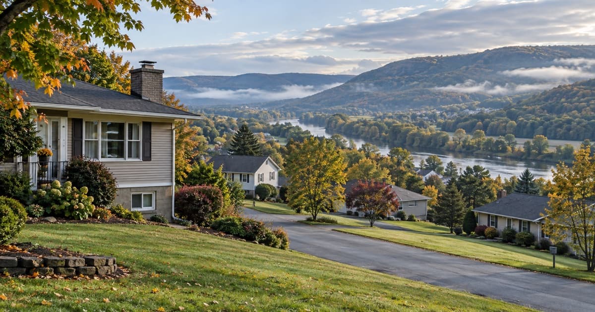 Homes in a wooded Twin Tiers river valley resembling the residential landscape of Big Flats