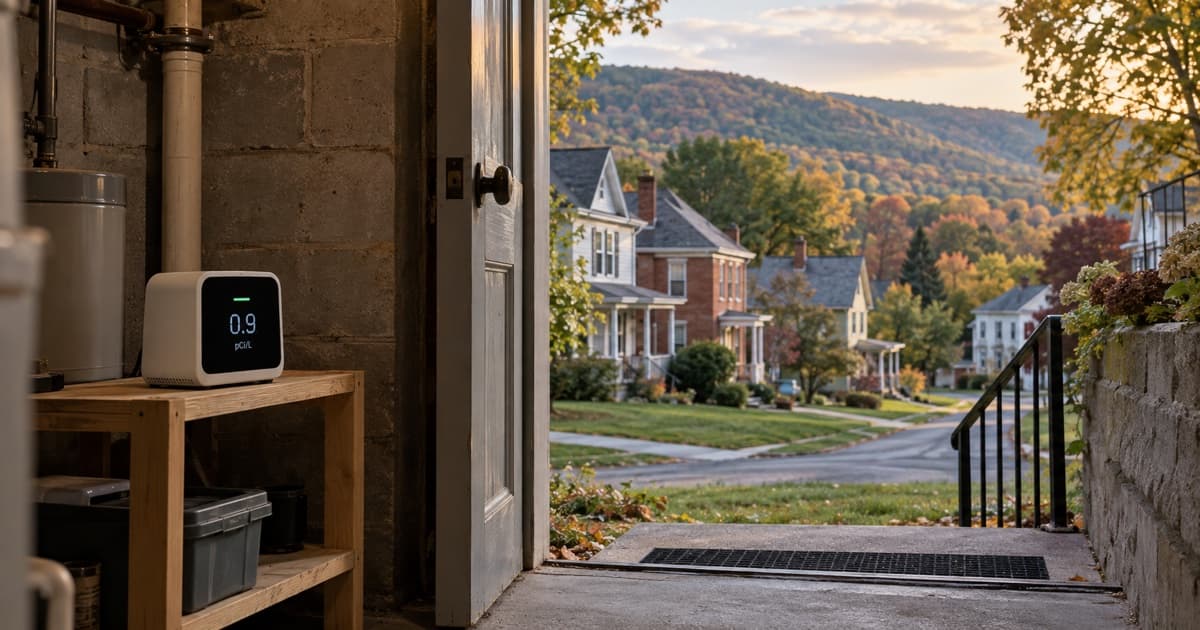 A radon monitor in a basement doorway overlooking a Corning-area neighborhood