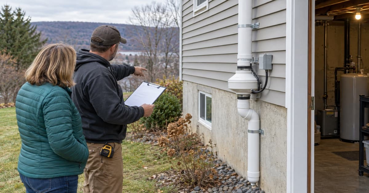 A homeowner and radon professional review an exterior mitigation system and pipe route
