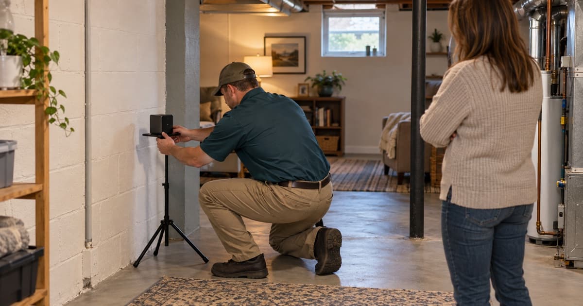 A radon professional places a monitor in an Elmira-area basement